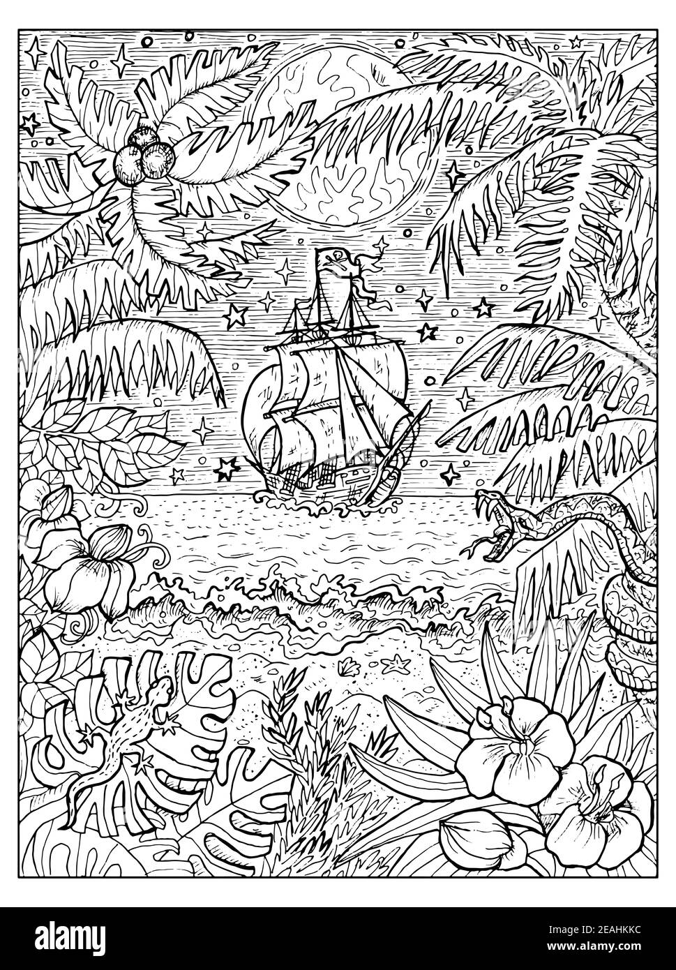 Illustrazione marina in bianco e nero con vecchia barca a vela e natura selvaggia dell'isola del tesoro con palme e mare. Disegni nautici vettoriali, avventura Illustrazione Vettoriale