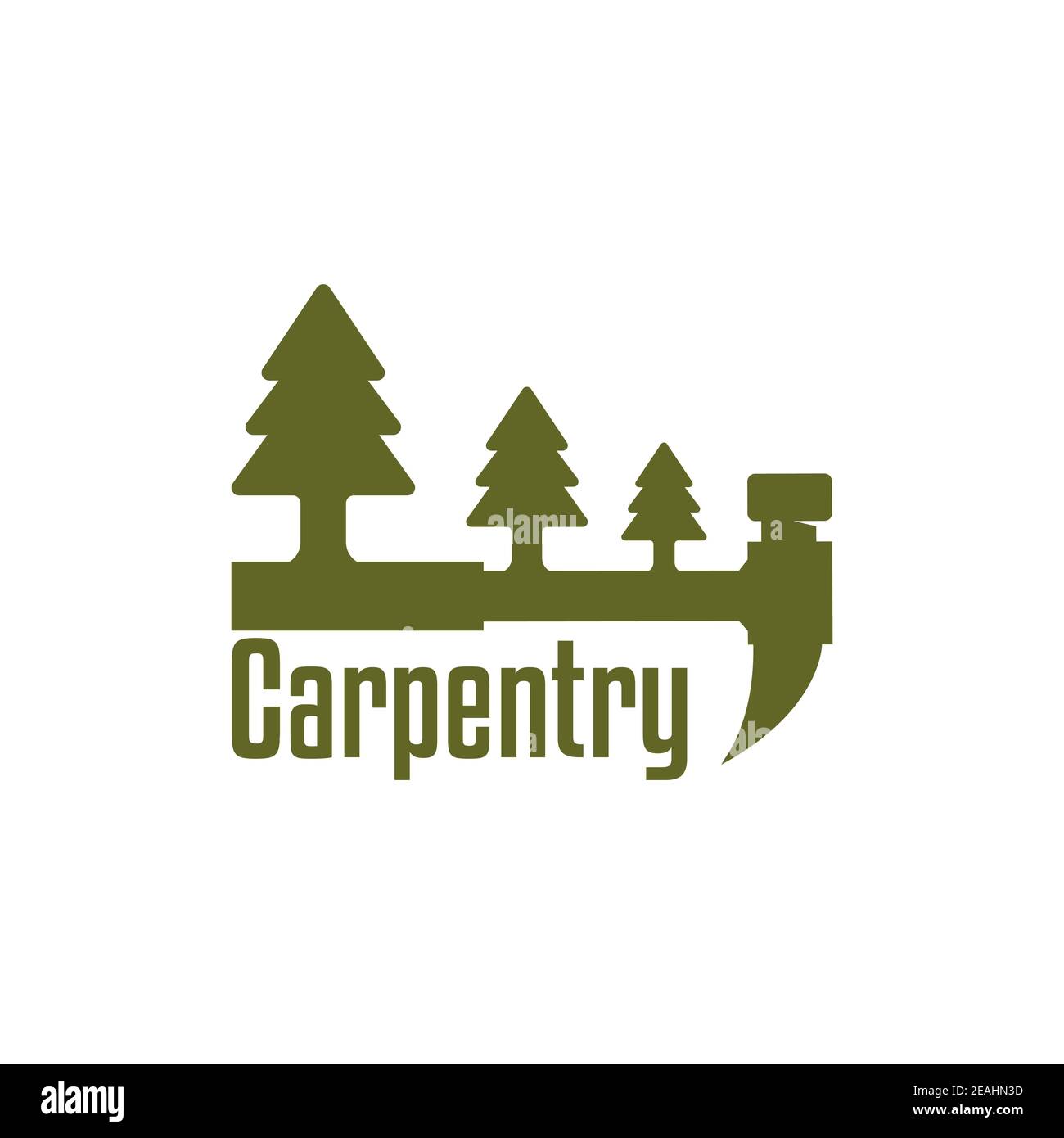 Ispirazione per il design del logo di carpenteria. Martello con il simbolo dell'albero per il logo del lavoro in legno Illustrazione Vettoriale