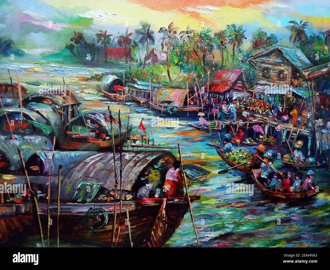 Pittura d'arte colore dell'olio mercato galleggiante Thailandia, vita rurale, Thailandia rurale Foto Stock