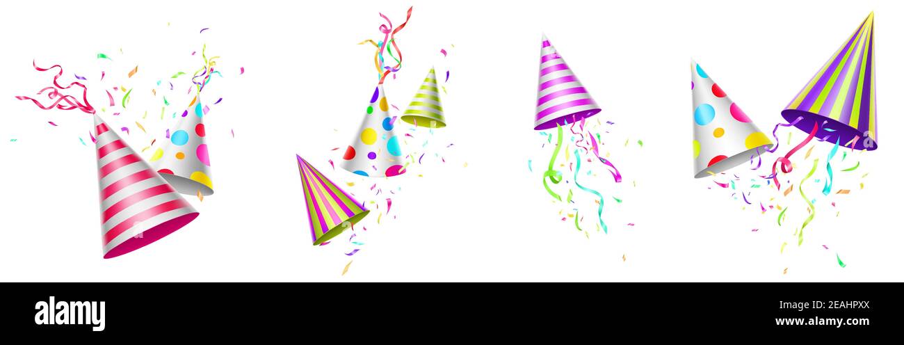 Cappelli da festa, berretti da compleanno con nastri colorati e confetti. Copricapo divertente per festeggiare l'anniversario, decorazione festosa isolata su sfondo bianco, illustrazione vettoriale 3d realistica, set di icone Illustrazione Vettoriale