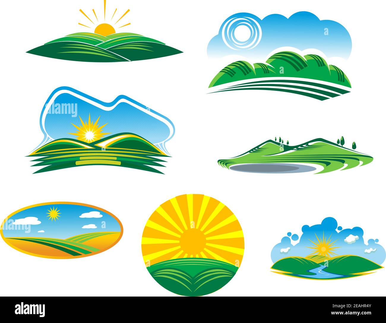 Insieme di sette diversi paesaggi estivi soleggiati con bellissimi campi verdi e colline crogiolandosi nei raggi del sole, illustrazioni vettoriali cartoni animati Illustrazione Vettoriale