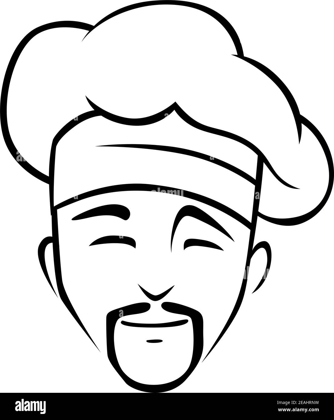 Illustrazione dello schizzo della faccia di un doodle in bianco e nero un cuoco cinese sorridente con una barba al pizzetto che indossa una cappello o toque tradizionale Illustrazione Vettoriale