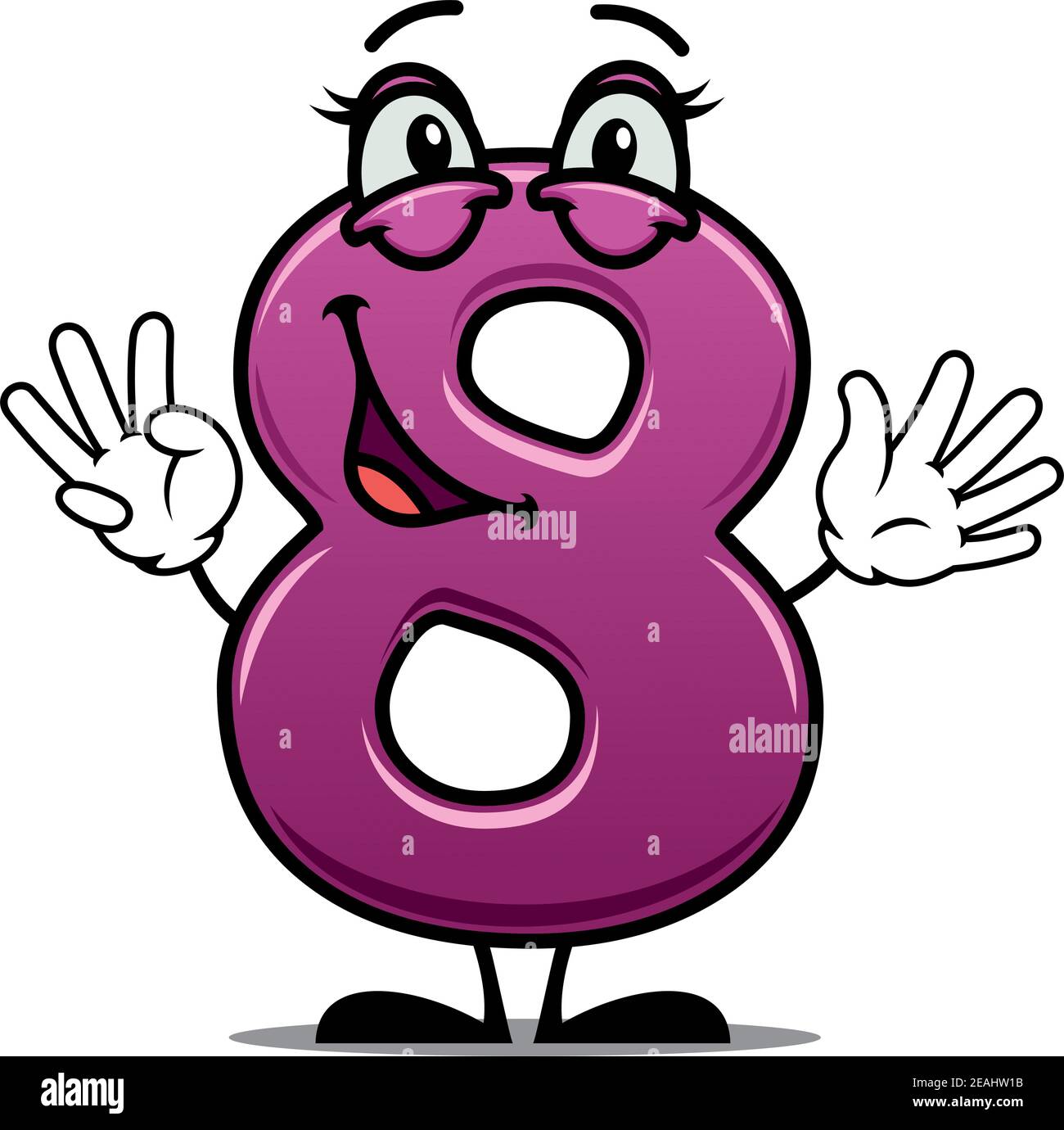 Adorabile felice numero 8 con un sorriso lopsidale sventolando le mani adatte per una festa di compleanno infantile. Illustrazione vettoriale cartoon su bianco Illustrazione Vettoriale