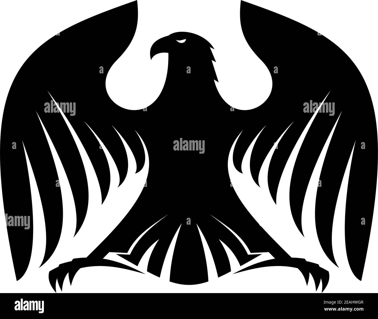 Potente silhouette di aquila nera stilizzata con ali e artigli sparsi e la sua testa girò lateralmente per il design eraldry Illustrazione Vettoriale