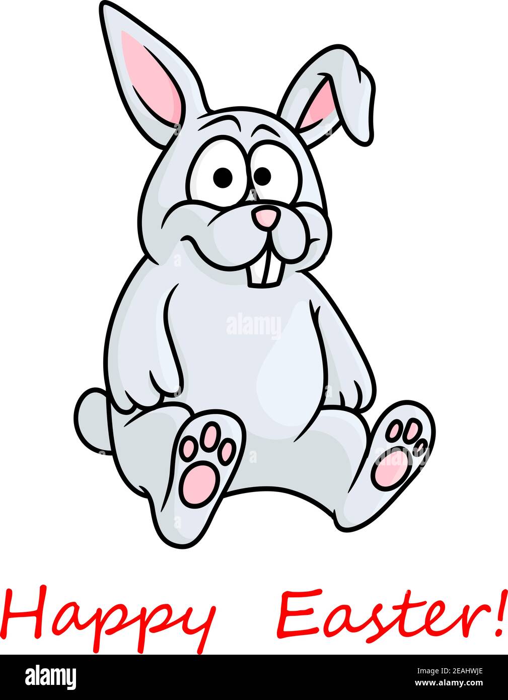 Carino piccolo grigio felice Pasqua coniglietto biglietto di auguri design con un piccolo coniglio seduta guardando lo spettatore sopra rosso felice Pasqua testo, vettore illust Illustrazione Vettoriale