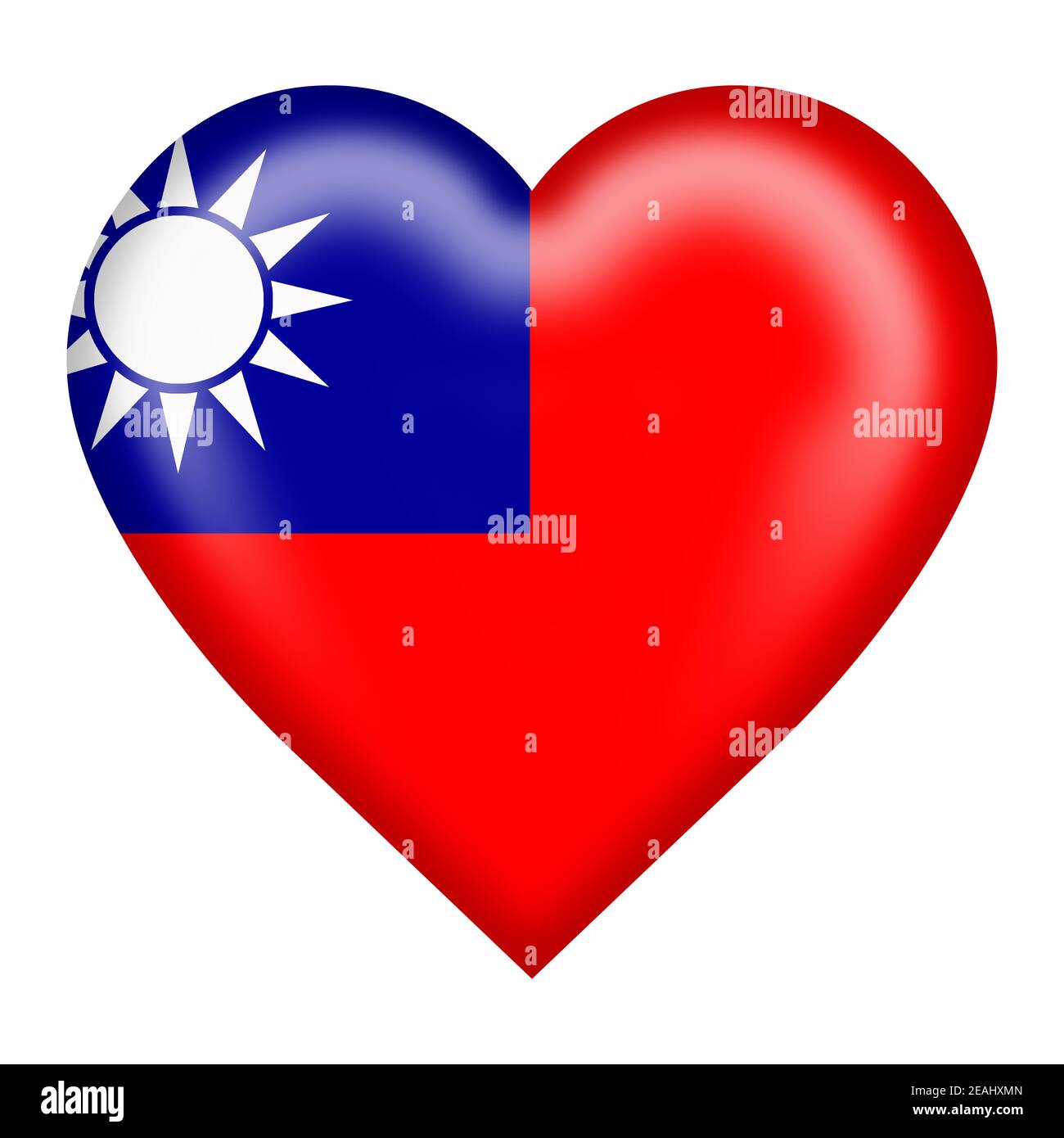 Tasto cuore della bandiera di Taiwan isolato su bianco con tracciato di ritaglio Illustrazione 3d Blue Sky White Sun interamente Rosso Terra Foto Stock