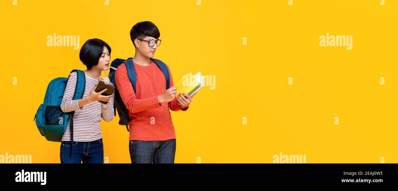 Giovani studenti asiatici maschi e femmine in colorati abiti casual guardando il libro isolato sfondo giallo banner con copia spazio per la co. eduction Foto Stock