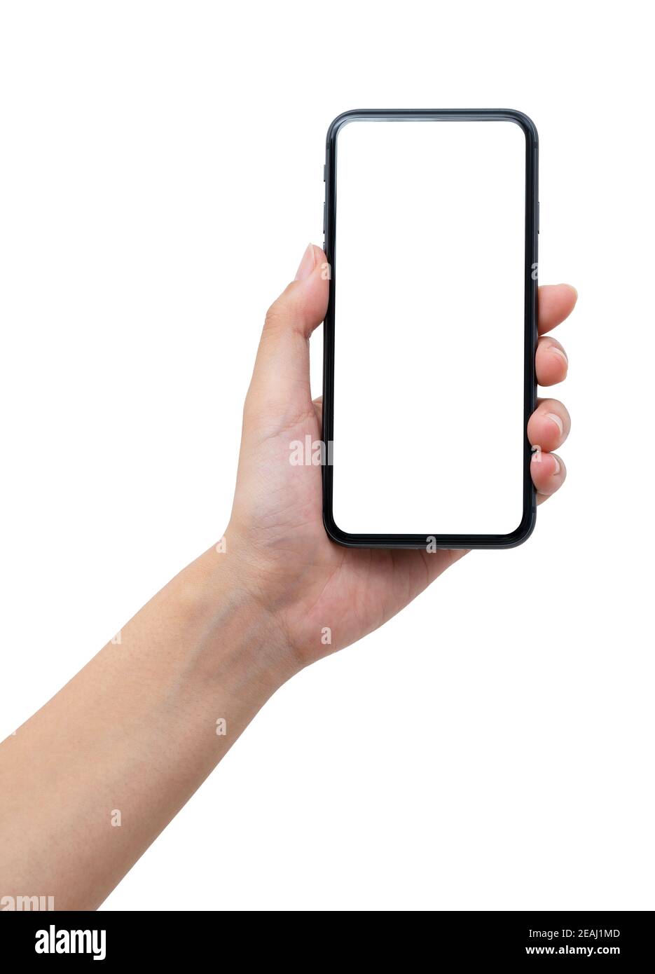 Una mano di donna che tiene uno smartphone nero. Foto Stock