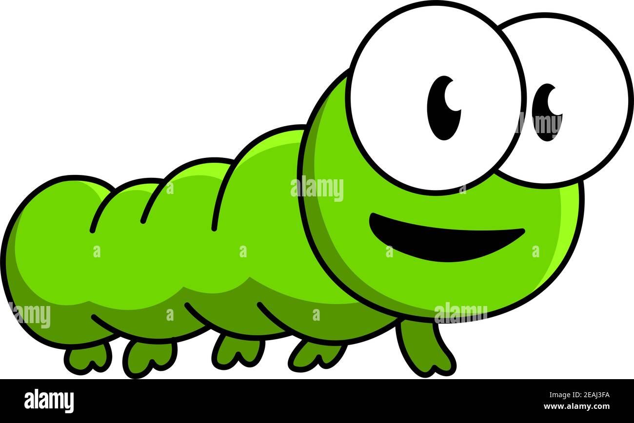 Insetting verde inquisitivo insetto caterpillar che ti guarda con grandi occhi rotondi, isolato su bianco Illustrazione Vettoriale