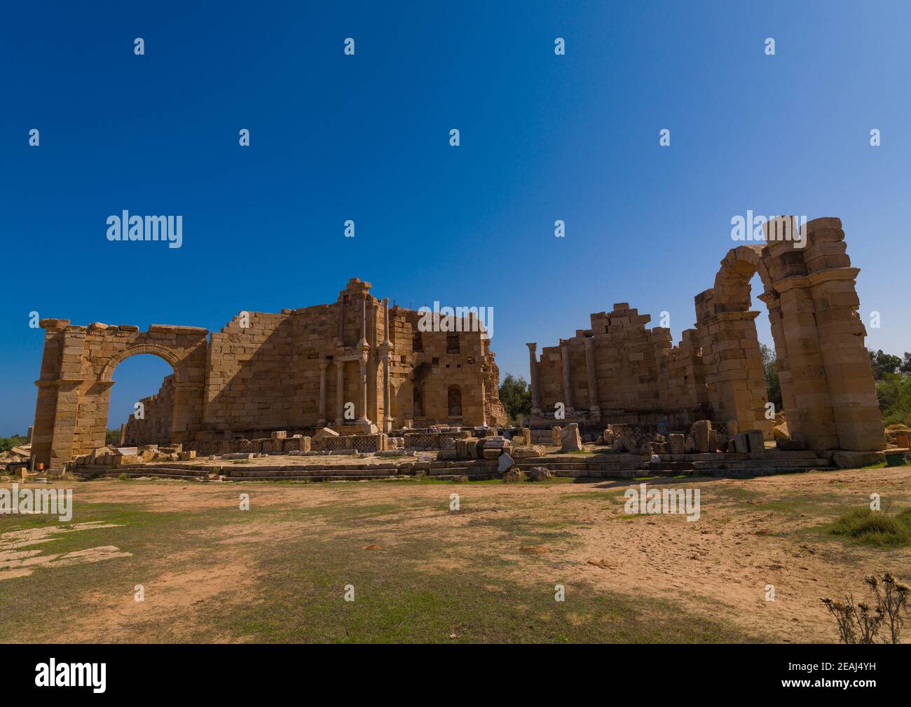 Antiche rovine di leptis magna, Tripolitania, Khoms, Libia Foto Stock