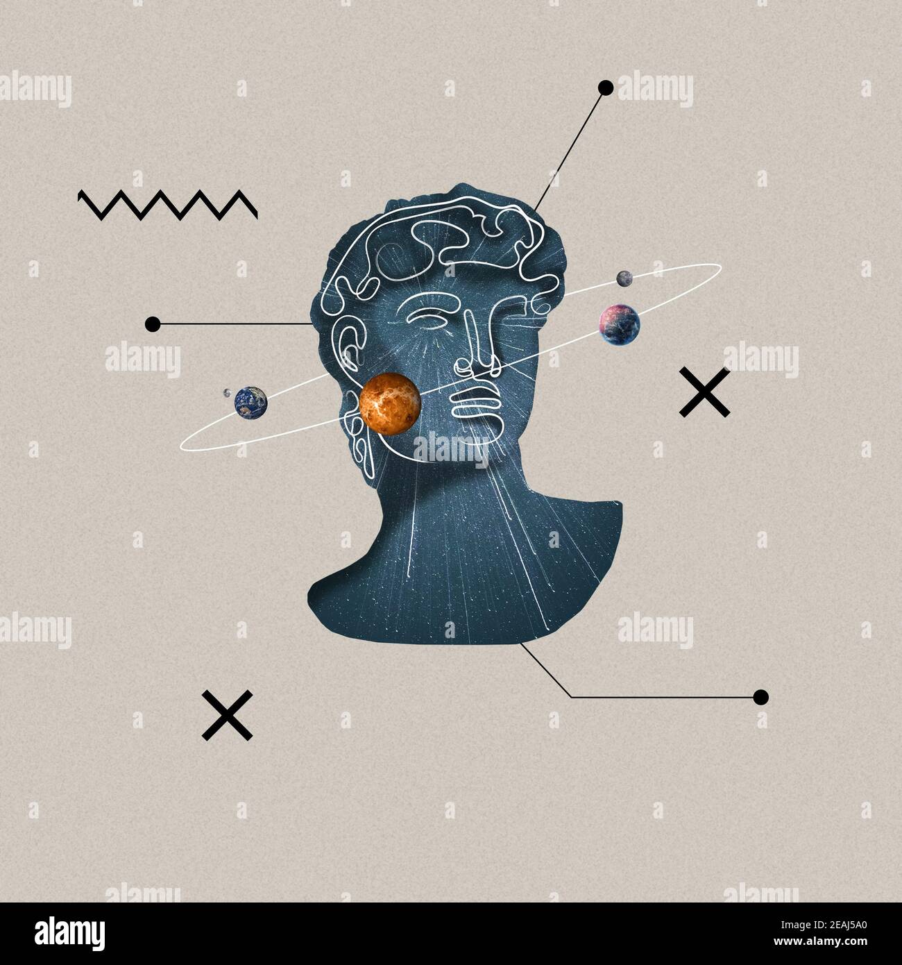 Collage con modello di testa in gesso, statua a tema cosmo e pianeti isolati su sfondo grigio. Spazio negativo per inserire il testo. Design moderno. Collage d'arte contemporaneo e colorato e concettuale. Foto Stock