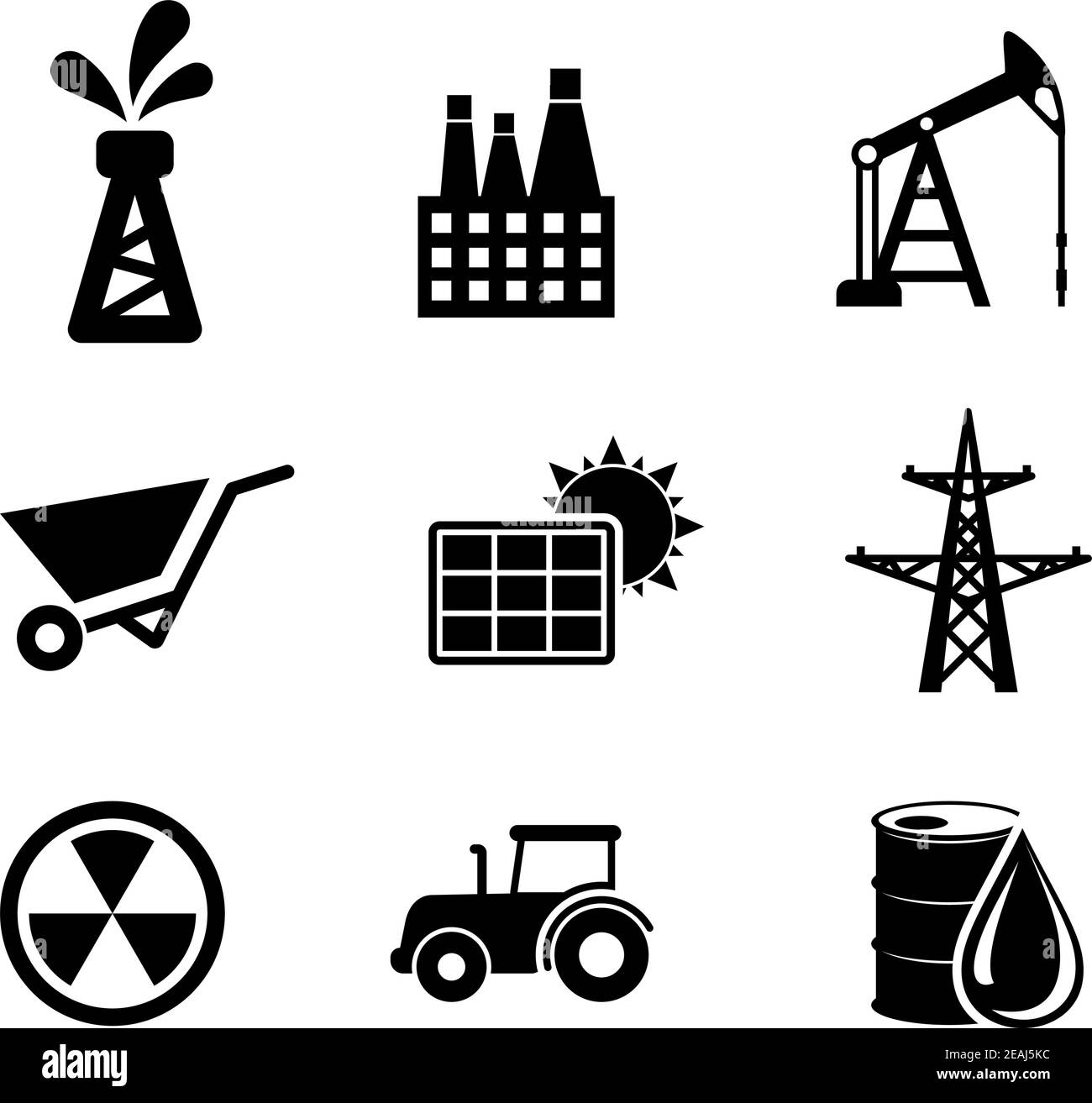 Set di icone industriali in bianco e nero raffiguranti un pozzo petrolifero, industria, miniere, pannelli solari, piloni elettrici, energia nucleare, trattori e petrolio Illustrazione Vettoriale