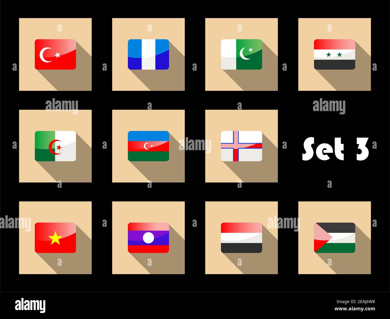 Set di icone a bandiera piatta dei paesi dell'Est di Turchia, Pakistan, Siria, Iran, Yemen, Azerbaigian, Thailandia, Vietnam per la progettazione Illustrazione Vettoriale