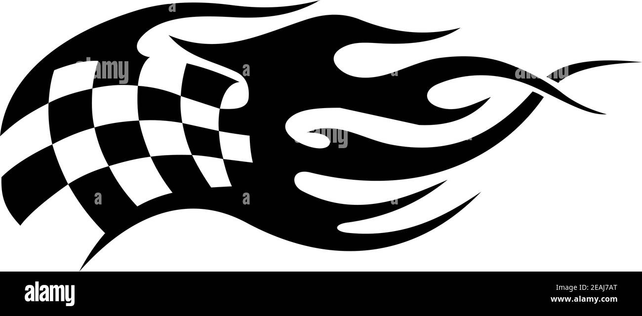 Tatuaggio a bandiera a scacchi in bianco e nero fiammeggiante utilizzato nel concetto di sport motoristico delle fiamme dagli scarichi delle moto e delle auto in marcia, vettore il Illustrazione Vettoriale