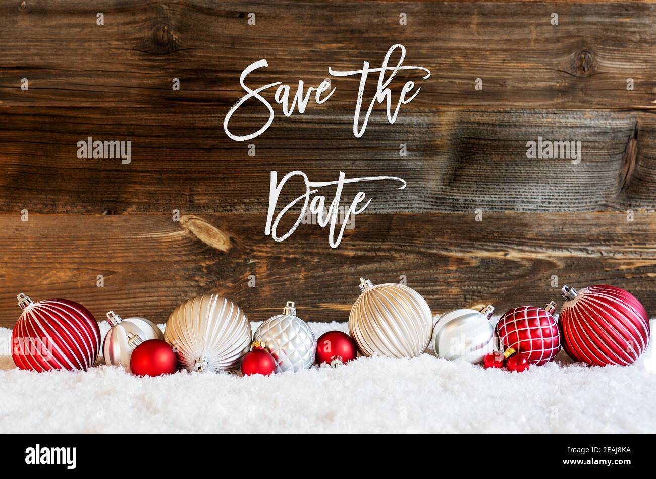 Natale palla ornamento, neve, Calligraphy Salva la data Foto Stock