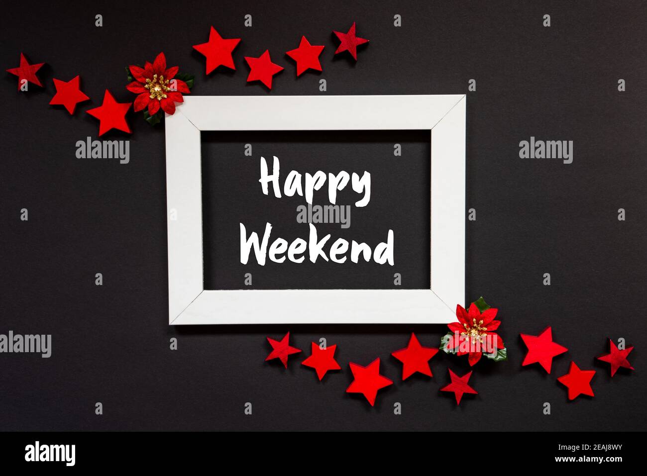 Cornice, Red Winter Rose, Star, Text Happy Weekend Foto Stock