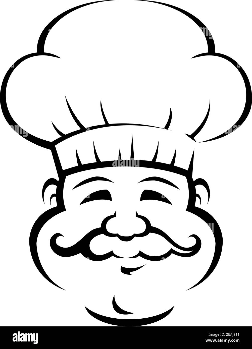 Bozzetto bianco e nero di uno chef sorridente o. baker con grandi baffi ricci che indossano un tradizionale bianco toque Illustrazione Vettoriale