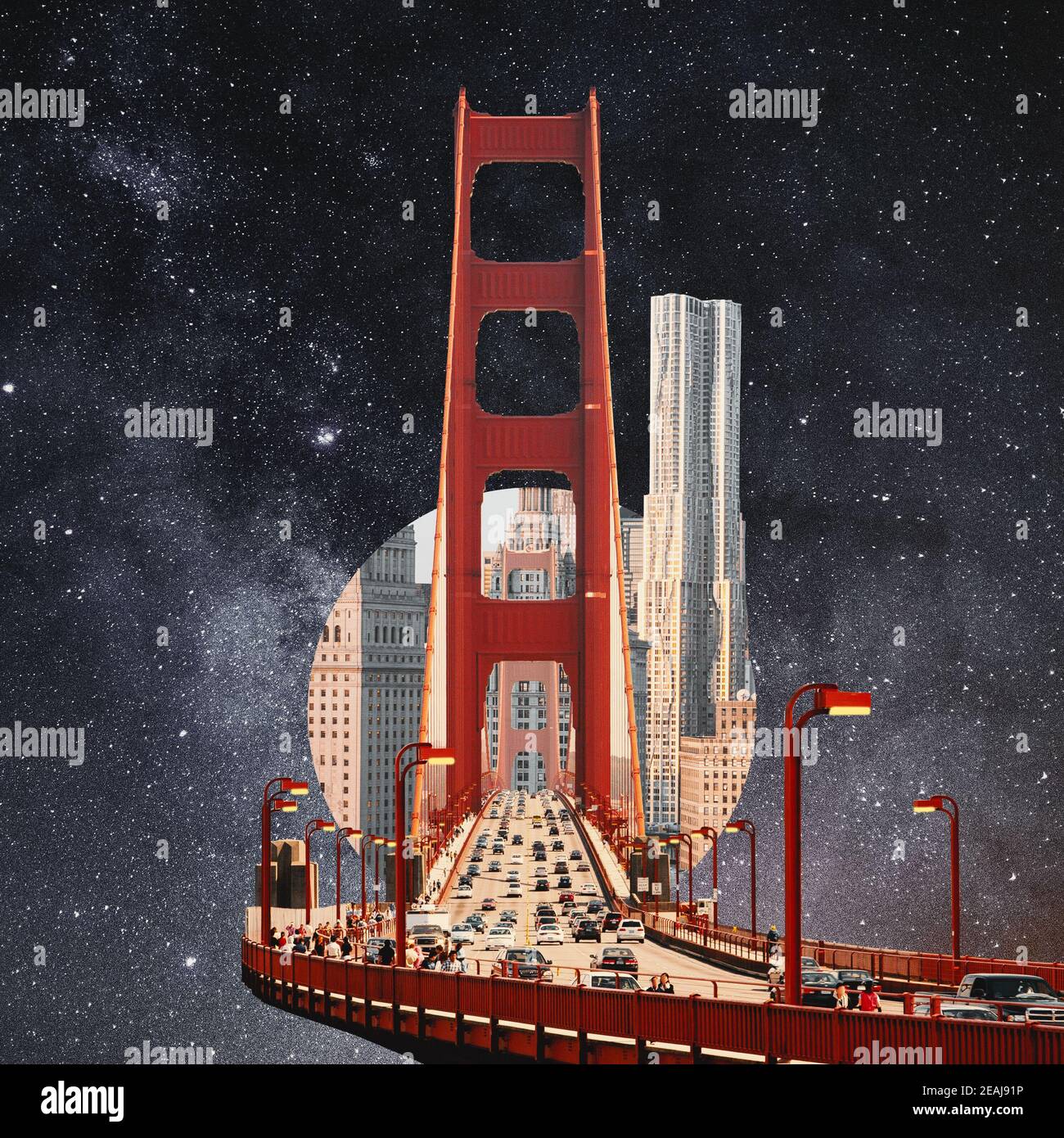 Città moderna con grattacieli sistemati nello spazio esterno. Collage con cosmo e tema astronomico. Spazio negativo per inserire il testo. Design moderno. Collage d'arte contemporaneo e colorato e concettuale. Foto Stock