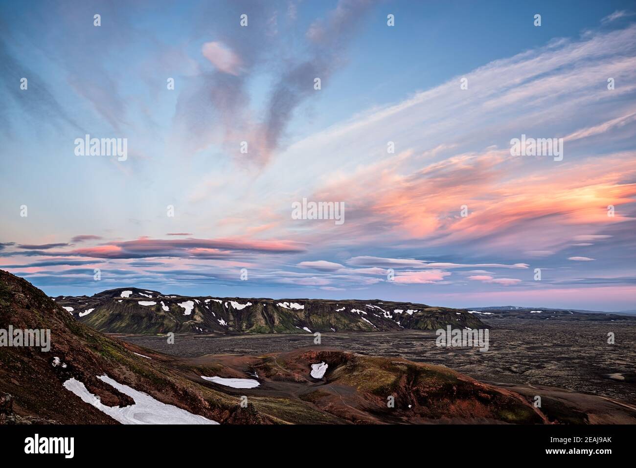 Sul lato sinistro di Lakagigar al tramonto, Islanda Foto Stock