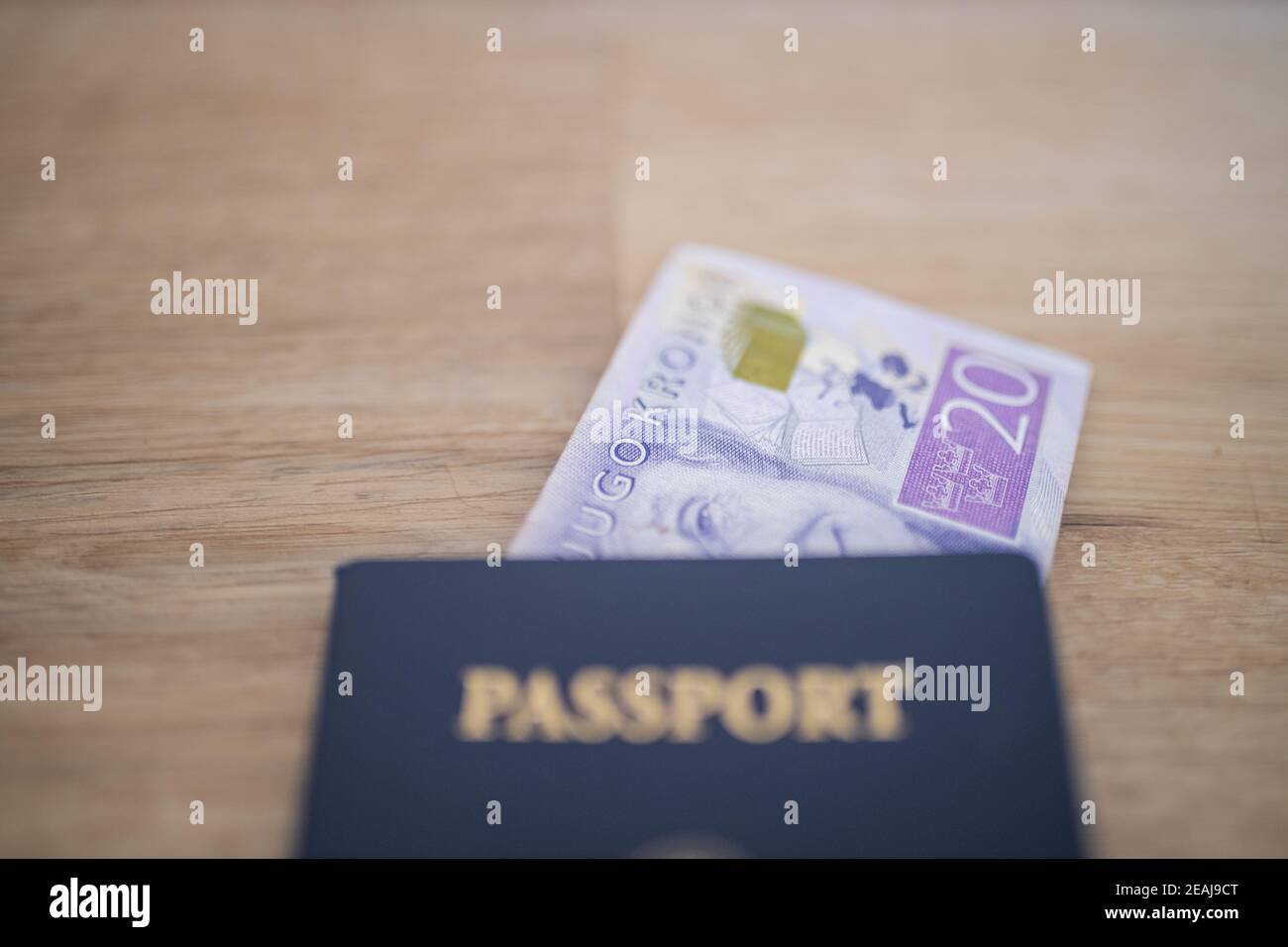 Una ventina di banconote svedesi in corone all'interno di uno Stato americano Passaporto Foto Stock