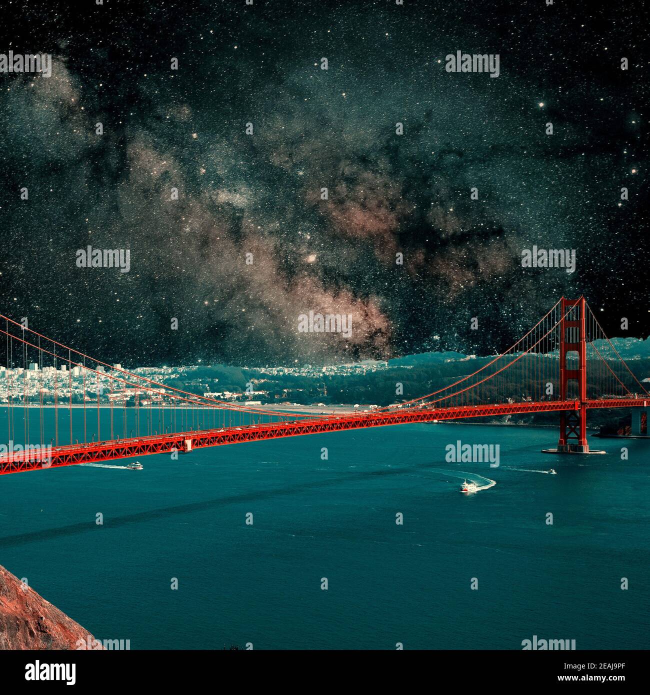 Vista delle stelle oltre il ponte della città. Collage con cosmo e tema astronomico. Spazio negativo per inserire il testo. Design moderno. Collage d'arte contemporaneo e colorato e concettuale. Foto Stock