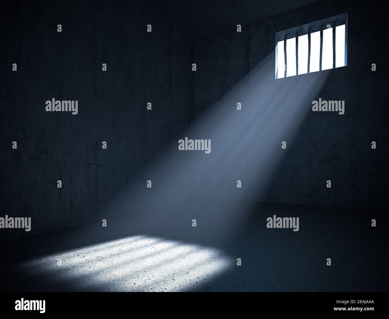 Interno di una prigione con luce da una finestra barrata. Foto Stock