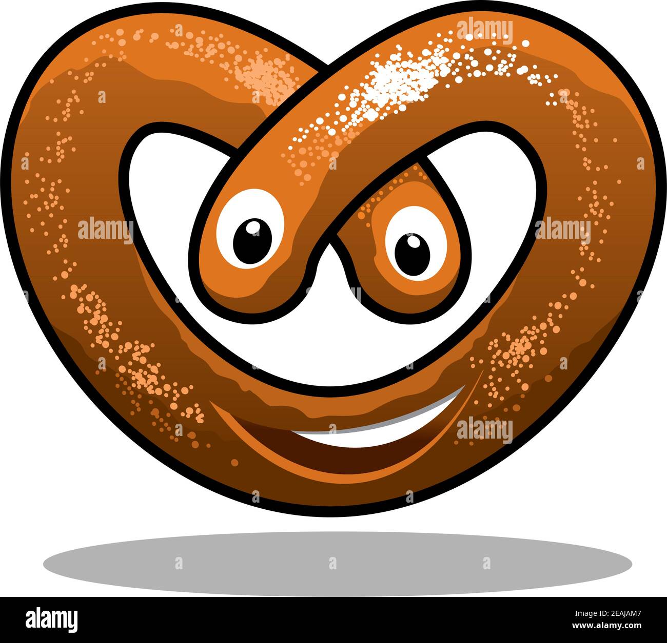 Divertente buon pretzel marrone curly croccante in una forma del cuore con una bocca sorridente e gli occhi, illustrazione del cartone animato Illustrazione Vettoriale