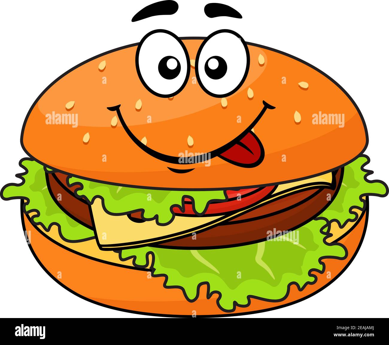 Gustoso cheeseburger carnoso su un panino di sesamo con lattuga leccando le labbra in previsione di un delizioso spuntino, illustrazione cartoon Illustrazione Vettoriale