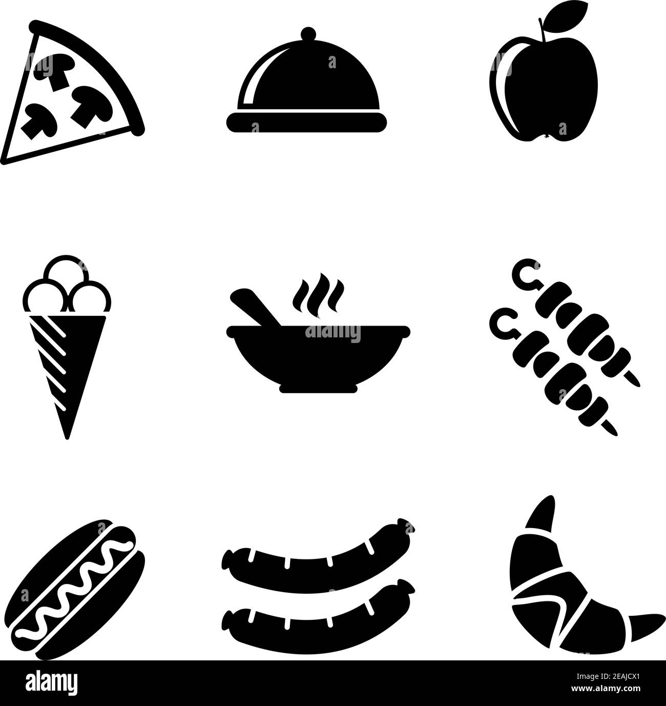 Set di icone di cibo bianco e nero con una fetta di pizza, cupola, mela, cono gelato, kebab, hot dog, salsicce, un croissant e una ciotola di cibo caldo, v Illustrazione Vettoriale