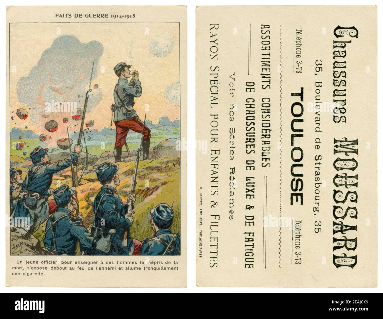 Cartolina cromolitografica pubblicitaria storica francese: Un ufficiale nonostante il bombardamento del nemico accende una sigaretta, in piedi a lunghezza piena, 1914 Foto Stock