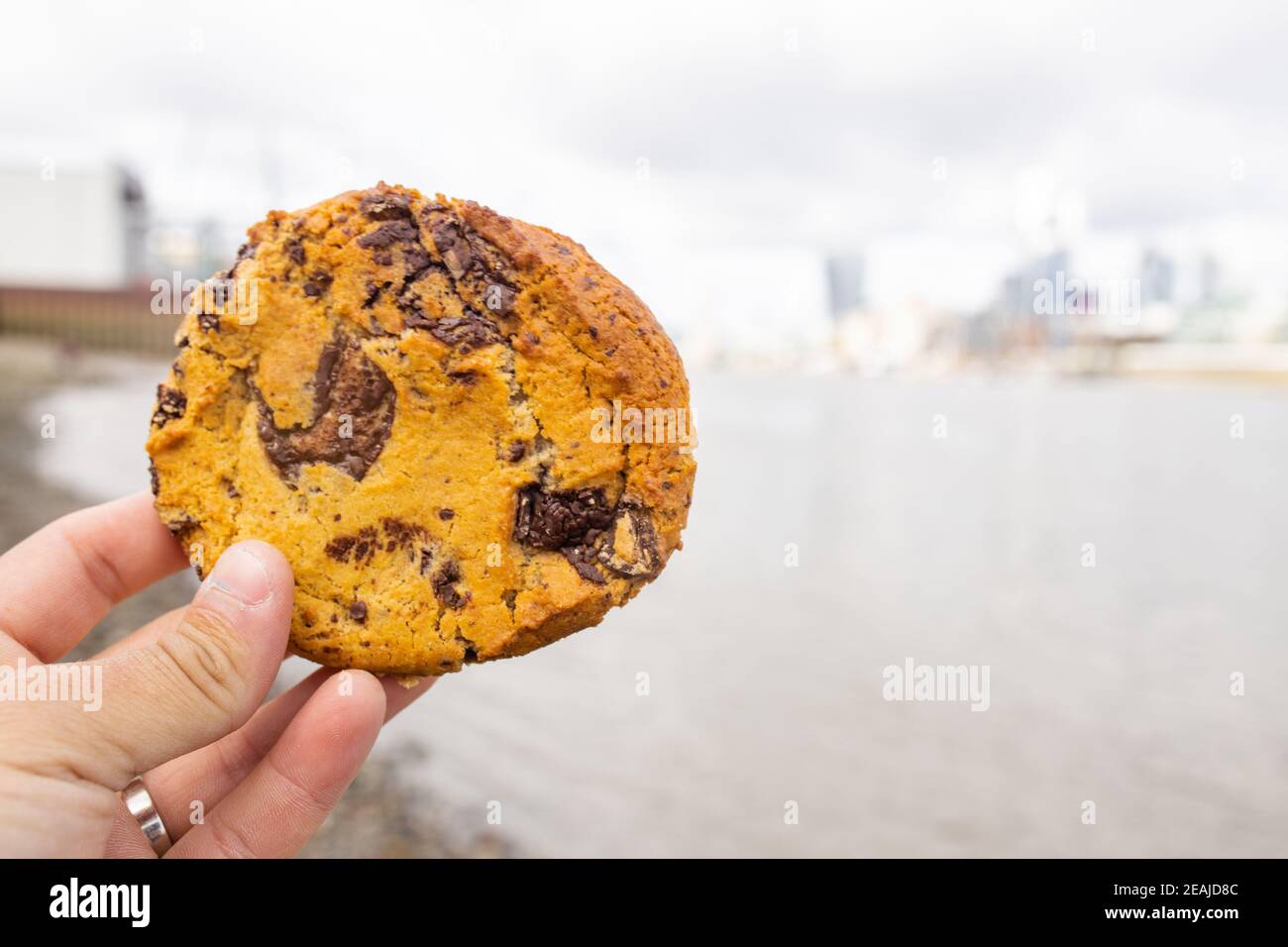 Mano che tiene un biscotto di cippi di cioccolato con un fiume sfocato Come sfondo Foto Stock