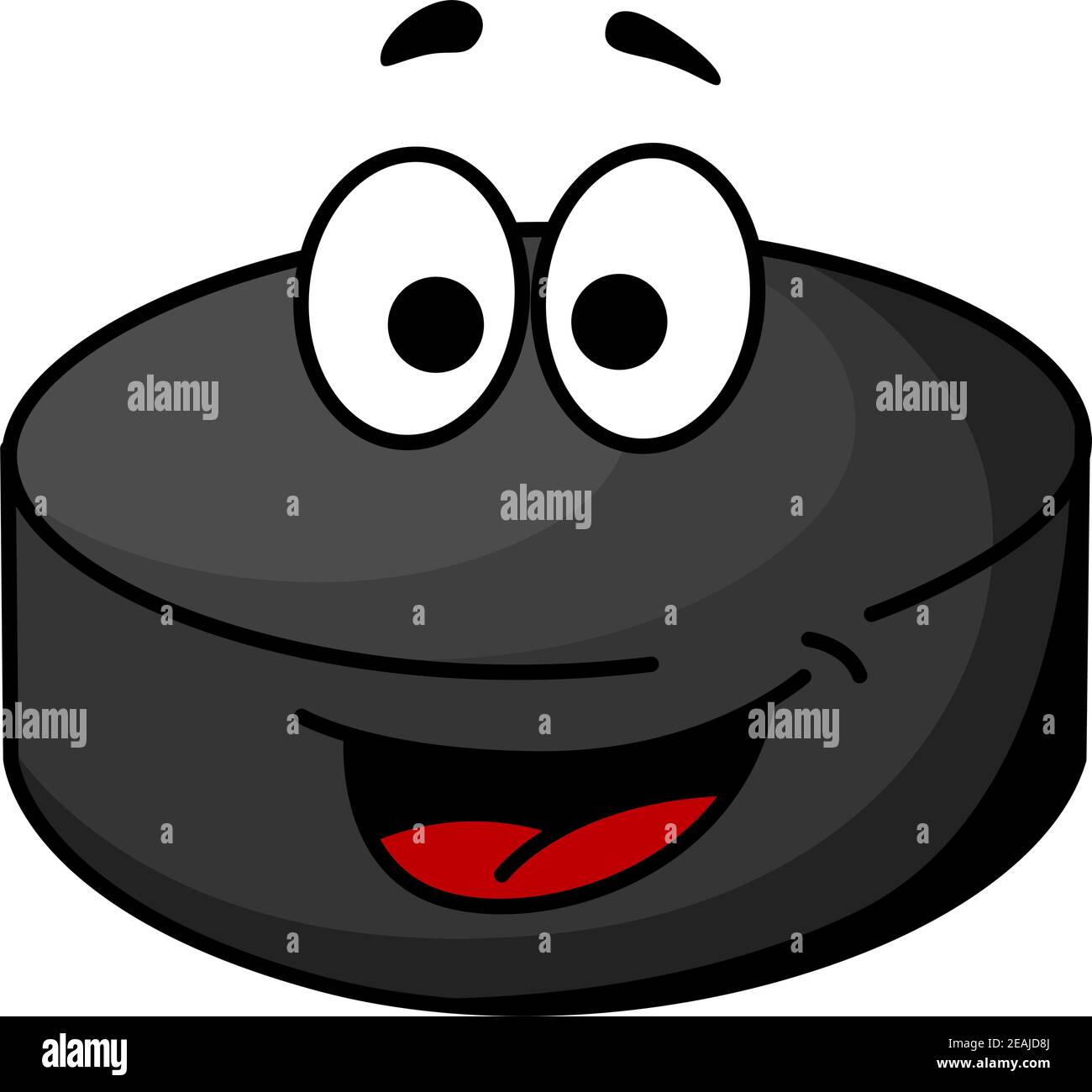 Carino nero cartoon hockey puck con una lingua rossa e occhi d'oca, illustrazione cartoon Illustrazione Vettoriale