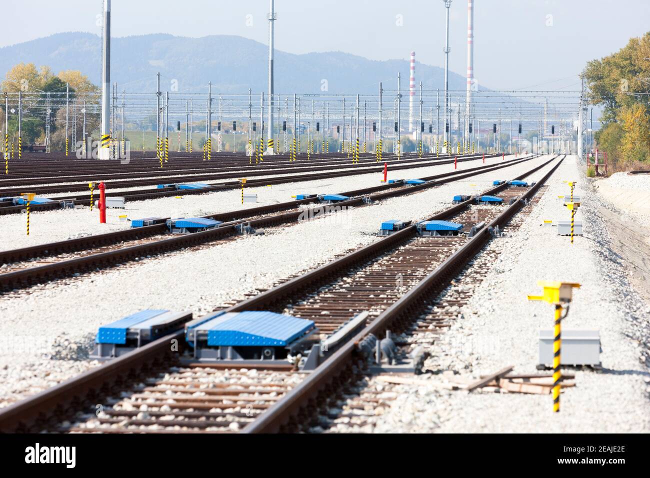 I binari ferroviari nella stazione Zilina, Slovacchia Foto Stock