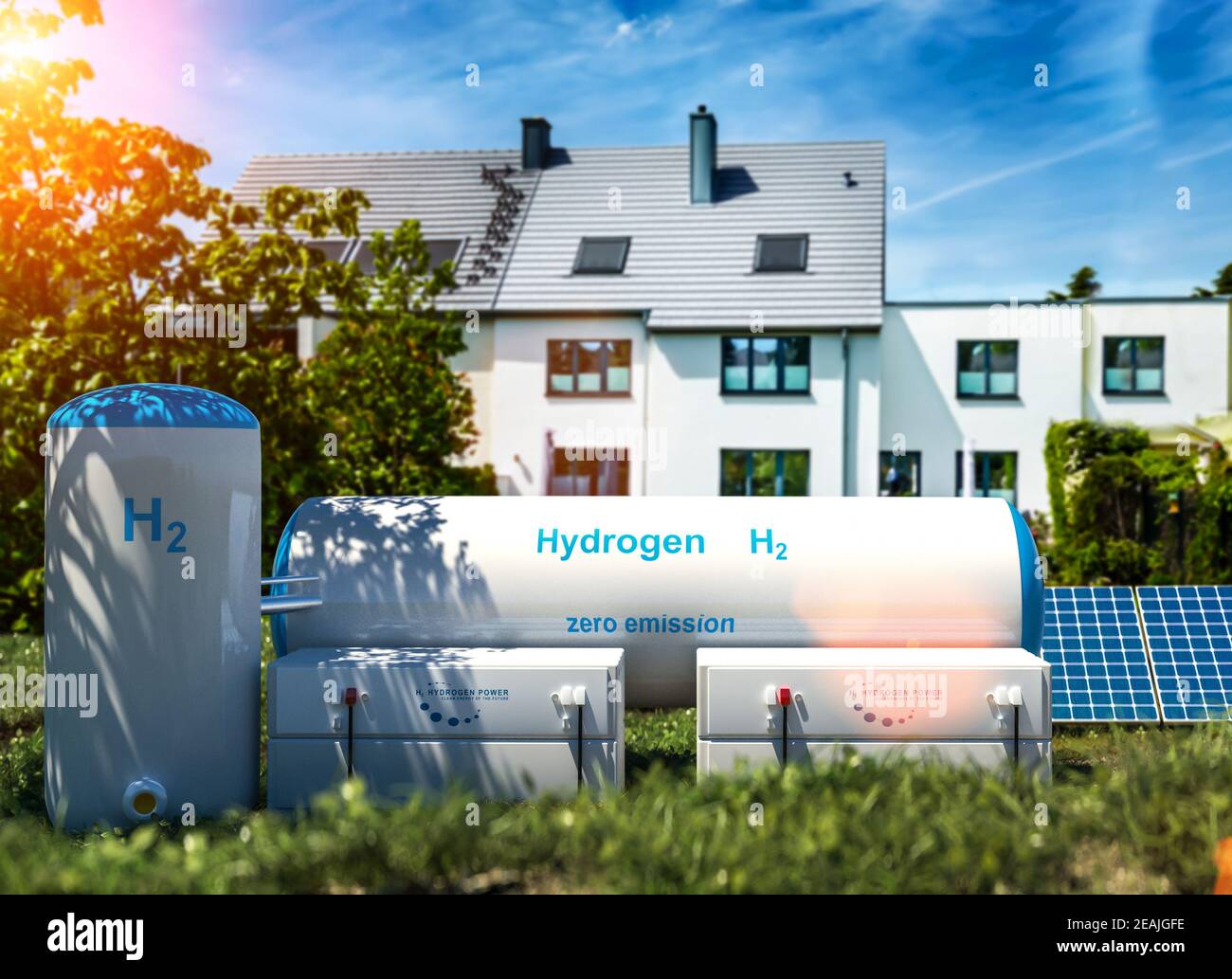 Produzione di energia rinnovabile idrogeno - gas idrogeno per un'elettricità pulita a casa di bene immobile Foto Stock