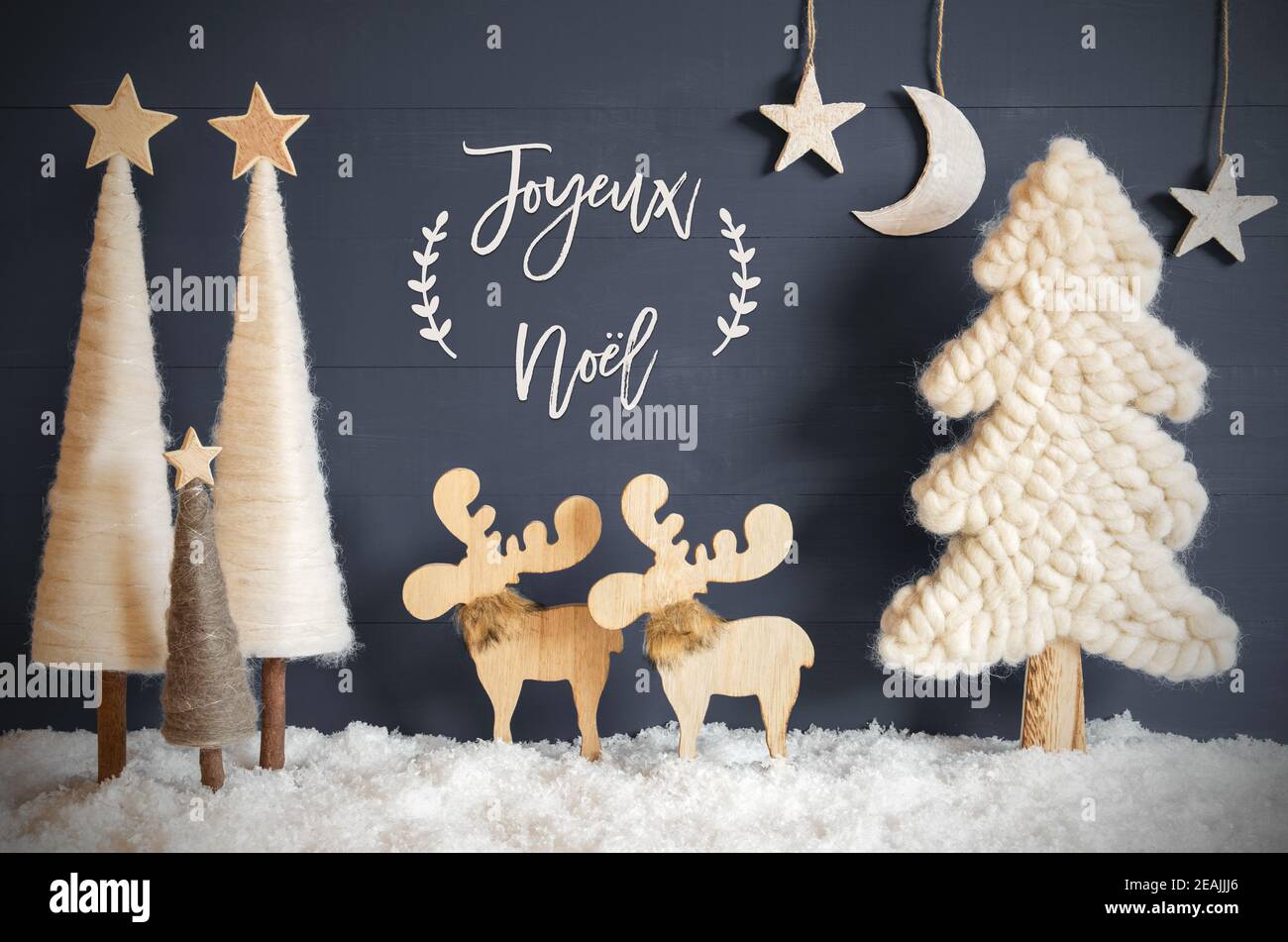 Albero di Natale, Moose, Luna, Stelle, neve, Joyeux Neol significa buon Natale Foto Stock