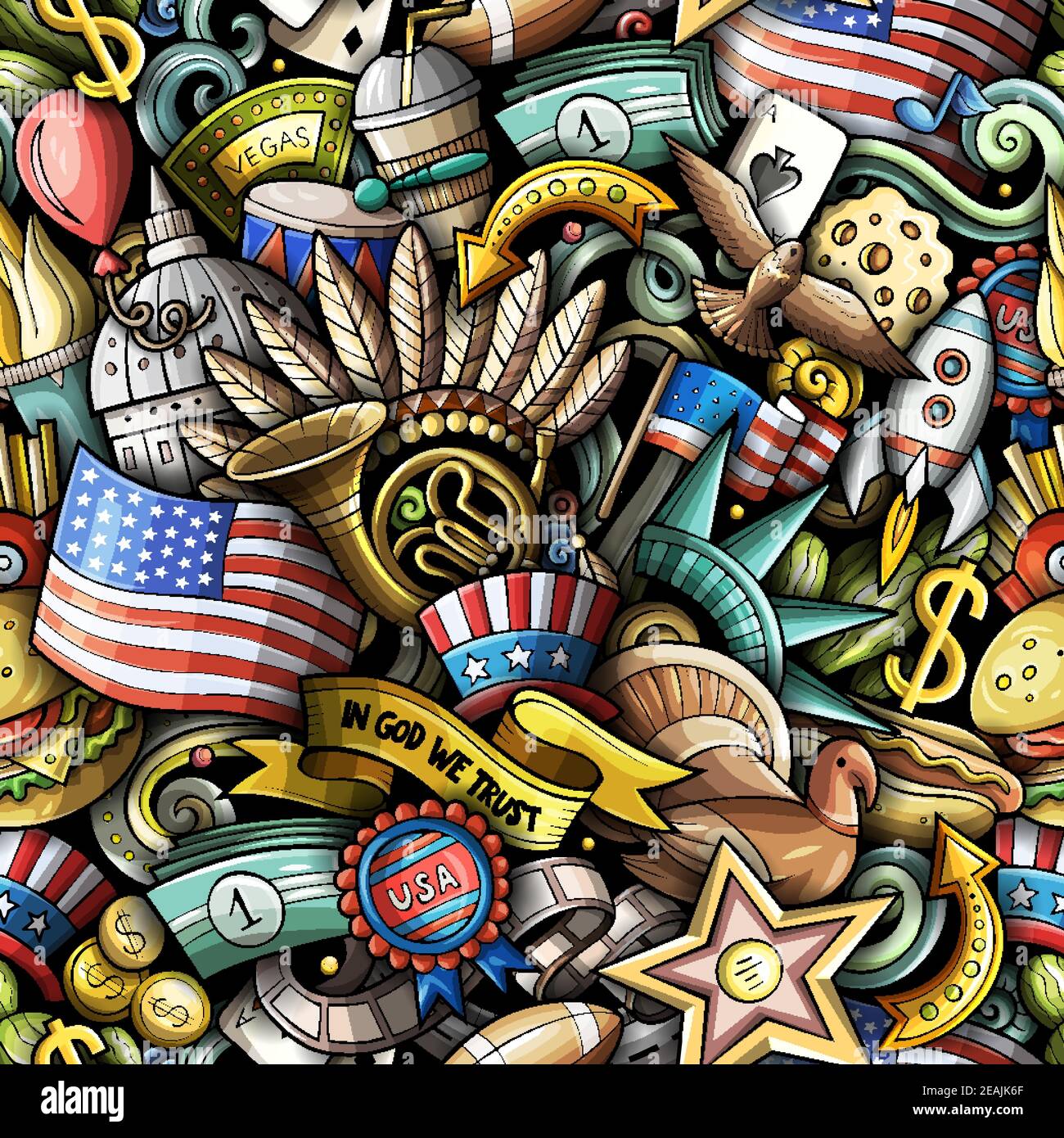 Fumetti doodles USA modello senza giunture. Illustrazione Vettoriale