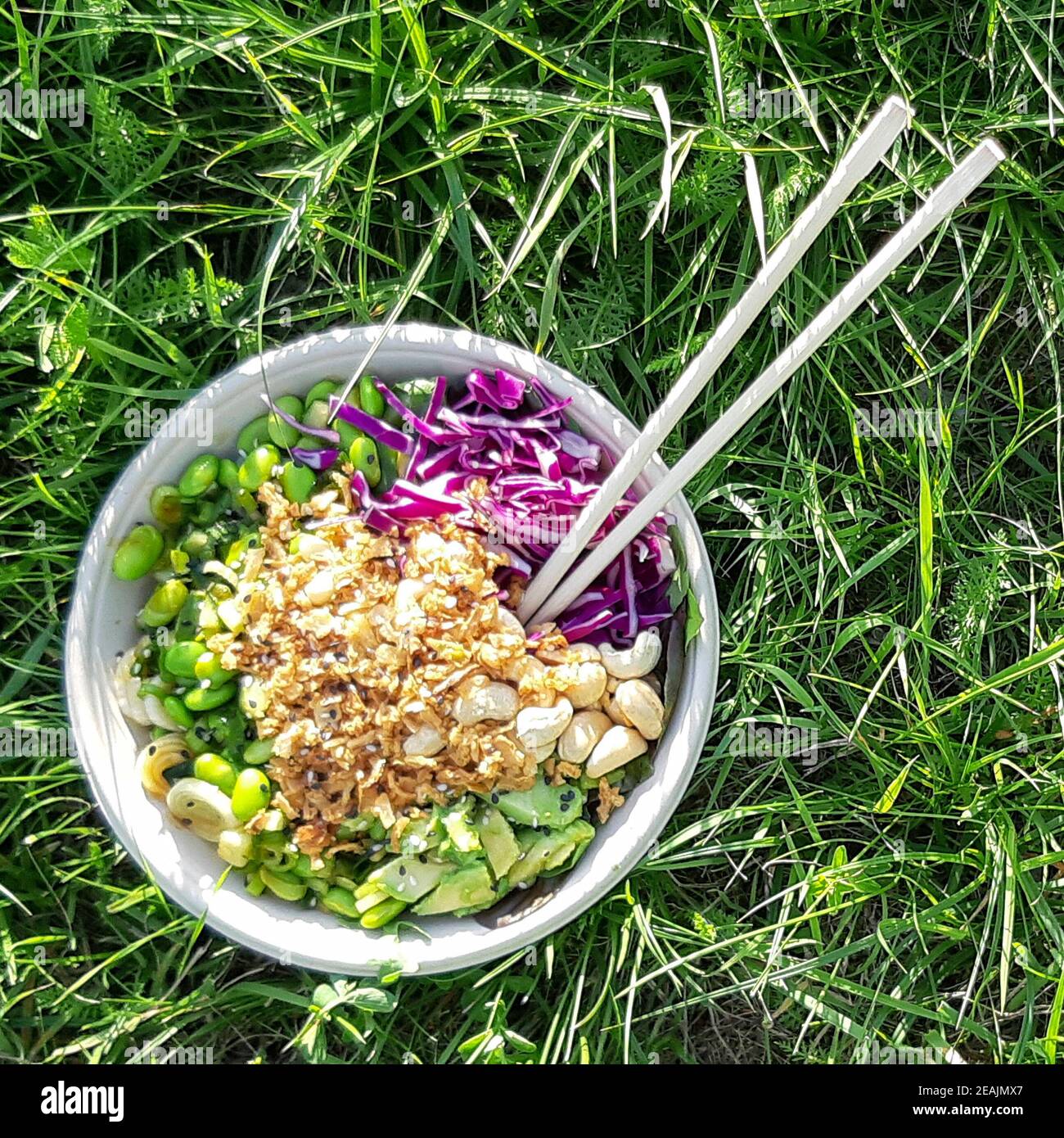 Ciotola di vegan, piatto hawaiano, con i chopsticks nell'erba. Foto Stock