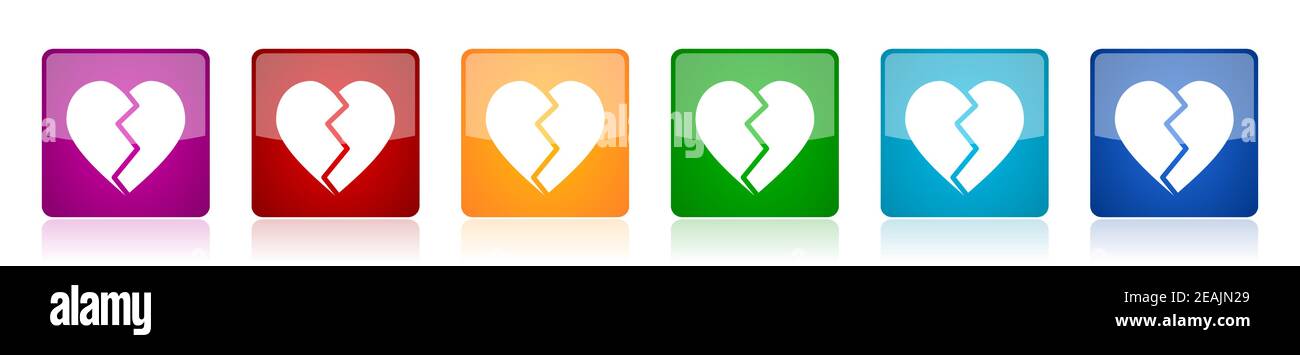 Set di icone a cuore rotto, pulsanti vettoriali lucidi quadrati in 6 colori per applicazioni di webdesign e mobili Illustrazione Vettoriale