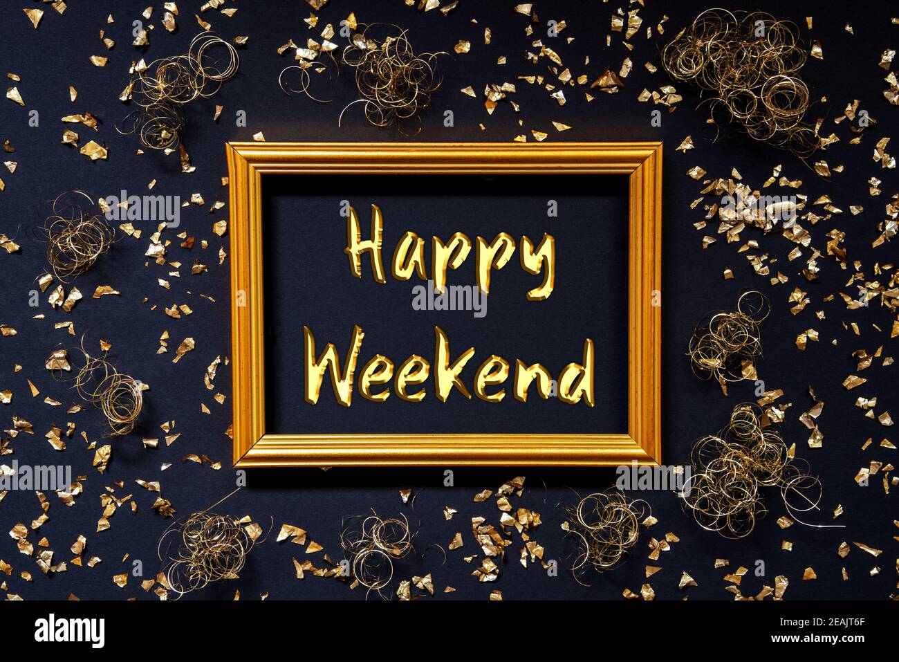 Cornice, Oro glitter decorazione di Natale, testo Happy Weekend Foto Stock