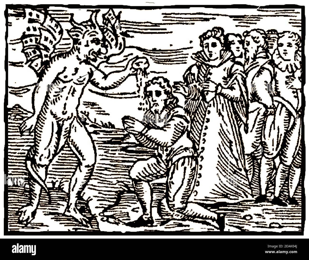 Un'incisione in legno del XVII secolo che mostra i mali di una credenza nella magia e demonologia per coloro che seguono la religione convenzionale. In questa scena un uomo viene battezzato come seguace di lucifero Foto Stock