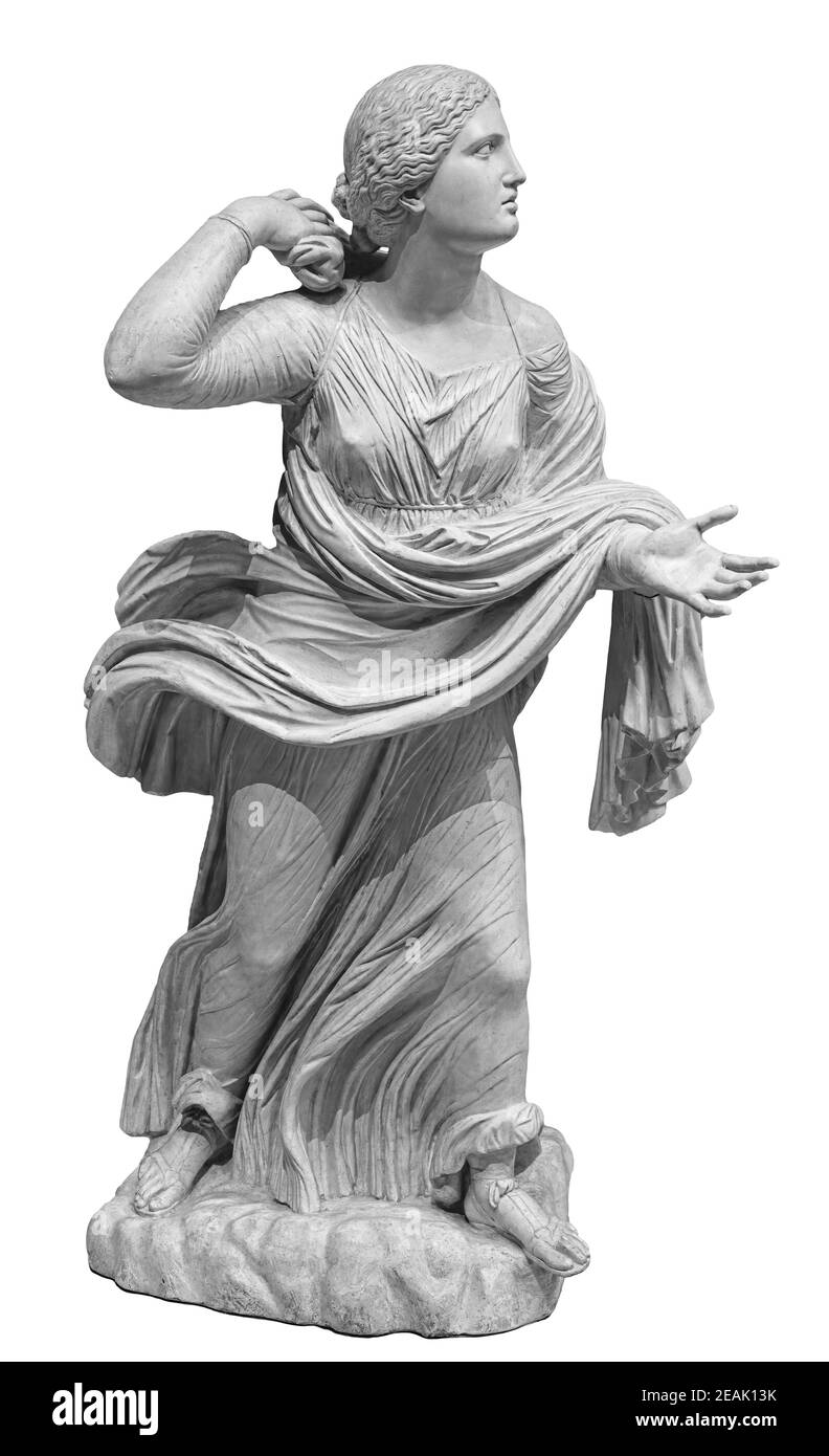 Statua di una donna in stile antico su sfondo bianco isolato. Antica scultura femminile in pietra. Oggetto d'arte classica Foto Stock