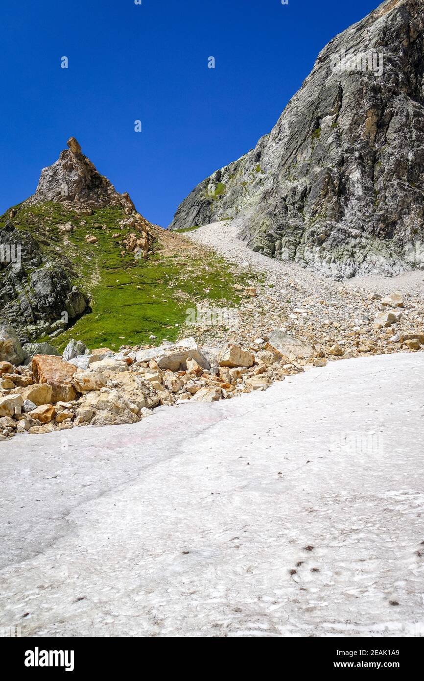 Ghiacciai alpini e paesaggi innevati nelle alpi francesi. Foto Stock