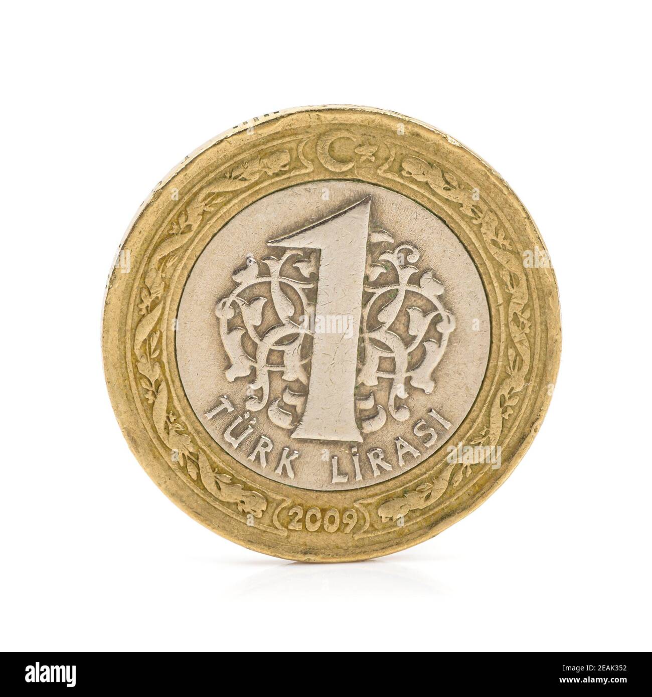 Moneta di lira turca su sfondo bianco Foto Stock