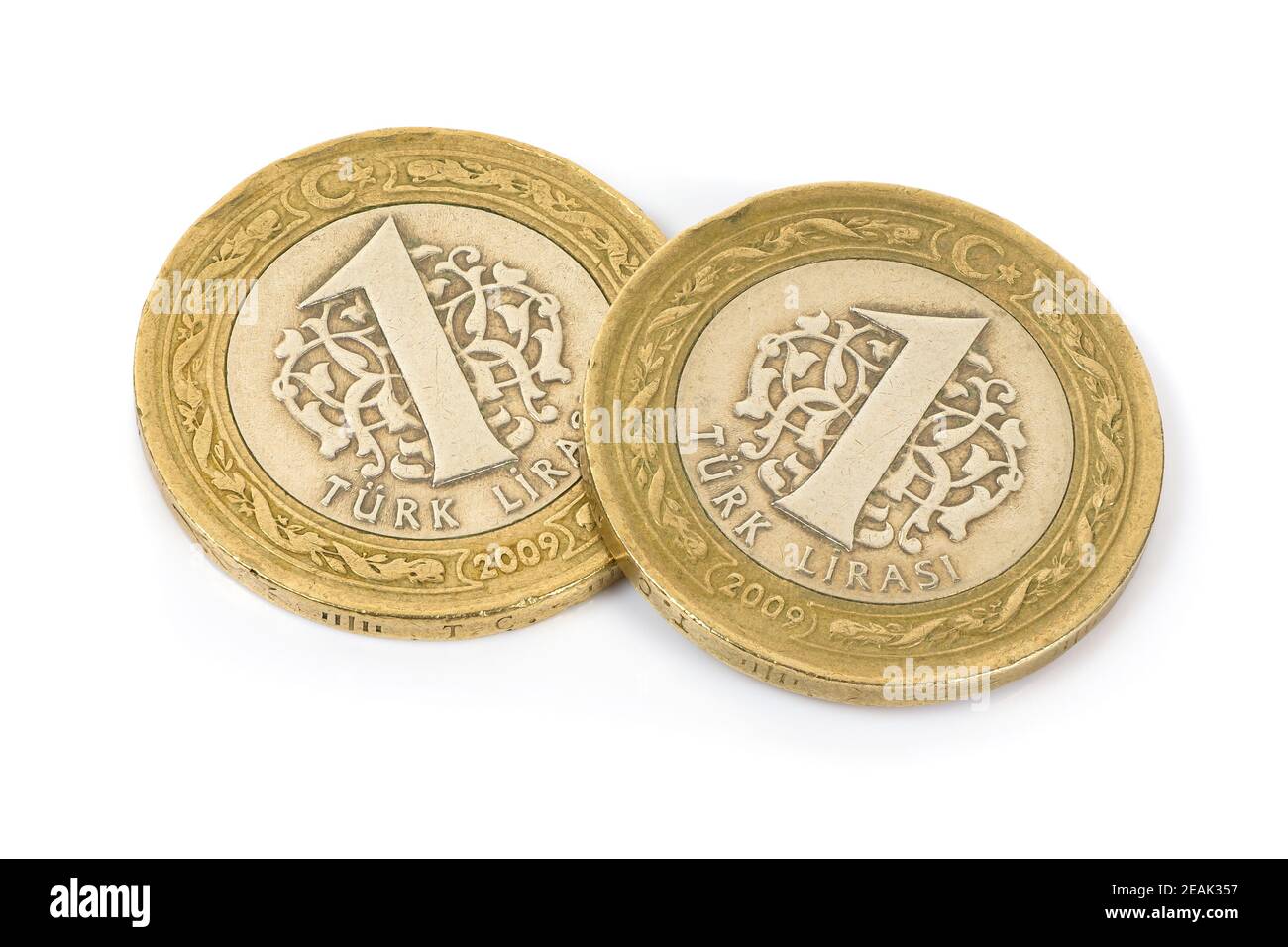 Monete turche di lira su sfondo bianco Foto Stock