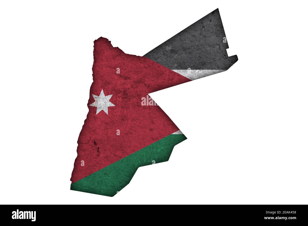Mappa e bandiera della Giordania su cemento intemperie Foto Stock