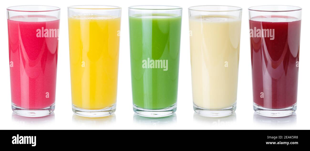 Raccolta di succhi di frutta bevande bevande bevande in un bicchiere mangiare sano isolato su bianco Foto Stock