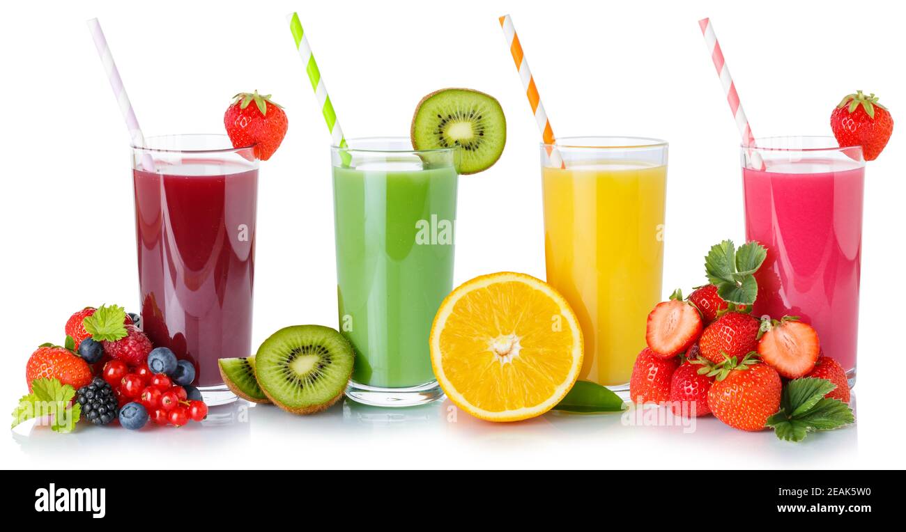 Raccolta di succhi di frutta frullati bevande bevande frutta vetro di paglia frutta isolato Foto Stock