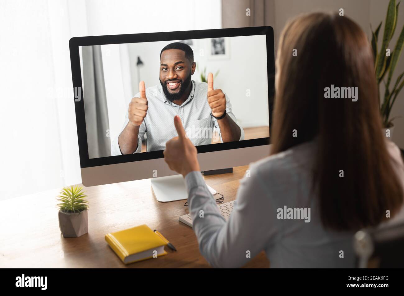 Videochiamata, videoconferenza. Una giovane donna sta discutendo alcuni compiti di affari con un giovane africano via video, sono giunti ad un consenso e a uno spettacolo Foto Stock