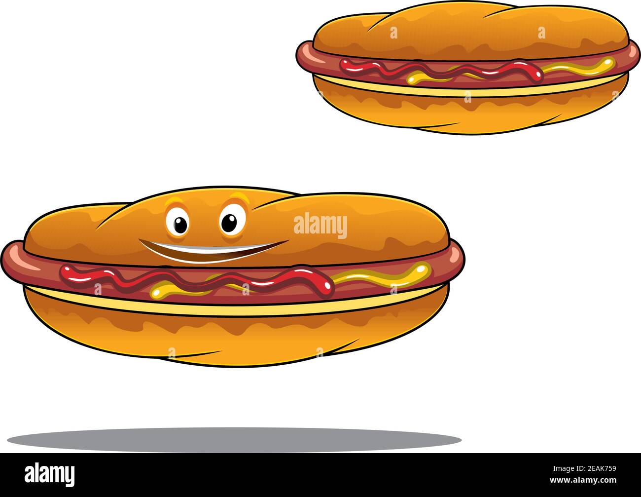 Due hot dog su panini croccanti conditi con senape e ketchup su una salsiccia alla griglia, uno con viso felice e l'altro senza fast food o foo spazzatura Illustrazione Vettoriale