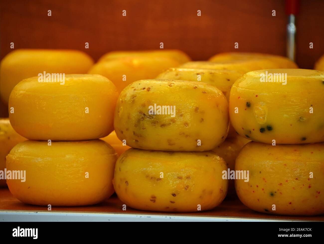 Piccole teste di formaggio duro in esposizione al dettaglio Foto Stock